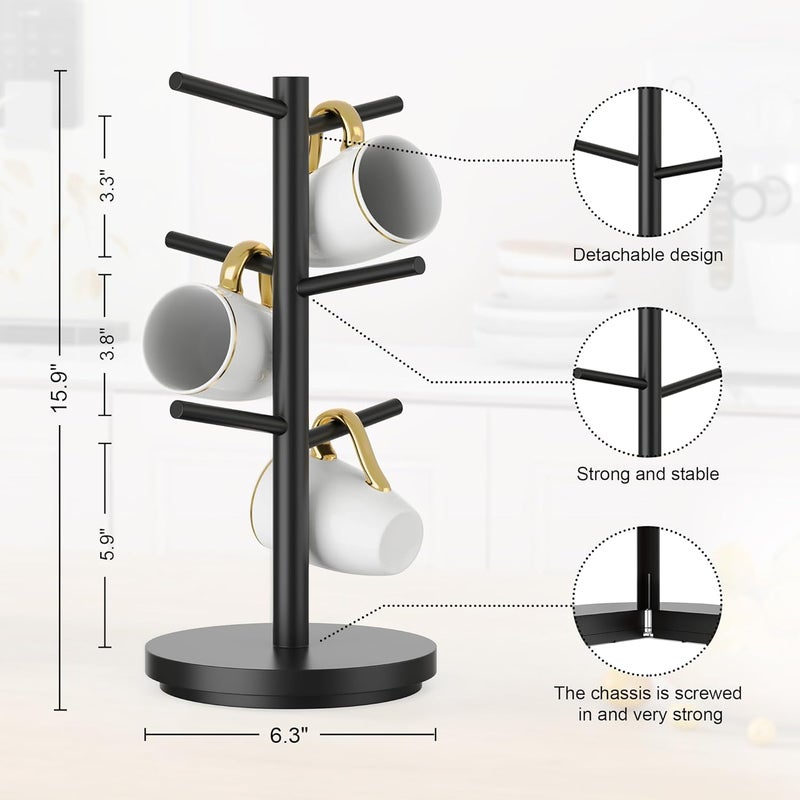 Wisuce Coffee Mug Holder Tree Upgraded 360Rotated Cup Holder for Counter Black Wood Cup Tree Mug Rack Organizer Stand with 6 Hooks for Kitchen Coffee Bar Accessories - Image 4